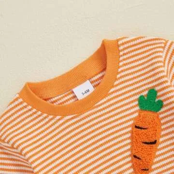 Lenjindjer Baby Girl Boy Easter Outfits Waffle Carrot/bunny Embroidery Long Sleeve Bubble Romper Infant Spring Bodysuit Tops (Orange, 6-12 Months)