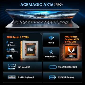 ACEMAGIC 2025 Laptop, Laptop with AMD Ryzen 7 5700U (8C/16T, Up to 4.3GHz), 16GB RAM 512GB NVMe SSD ...