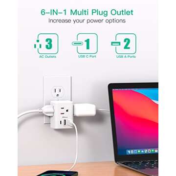 Outlet Extender Multi Plug Outlet - USB Wall Charger with 3 USB Ports (1 USB C), No Surge Protector ...