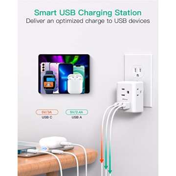 Outlet Extender Multi Plug Outlet - USB Wall Charger with 3 USB Ports (1 USB C), No Surge Protector Cruise Essentials for Ship and Travel, ETL Listed