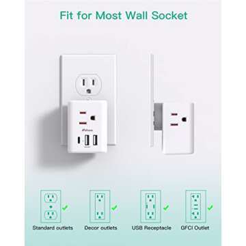 Outlet Extender Multi Plug Outlet - USB Wall Charger with 3 USB Ports (1 USB C), No Surge Protector Cruise Essentials for Ship and Travel, ETL Listed