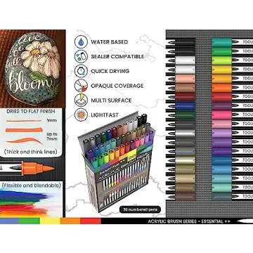 36 Flexible Brush Tip Acrylic Paint Pens Markers Set 1-7mm Line for Rock Painting, Brush Lettering, Scrapbooking, Glass, Mugs, Wood, Metal, Canvas, Fabric, Plastic. Non Toxic Waterbased Quick Drying
