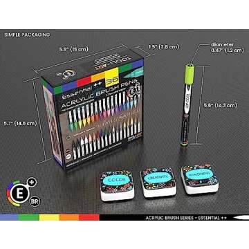 36 Flexible Brush Tip Acrylic Paint Pens Markers Set 1-7mm Line for Rock Painting, Brush Lettering, Scrapbooking, Glass, Mugs, Wood, Metal, Canvas, Fabric, Plastic. Non Toxic Waterbased Quick Drying