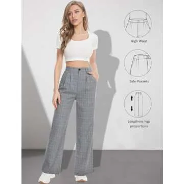 Tapata Women Wide Leg Pants High Waisted Dress Trousers Casual Elastic Pockets Business Work Slacks, Plaid Black, 10