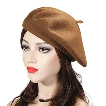ZLYC Wool Beret Hat Classic Solid Color French Beret for Women Brown