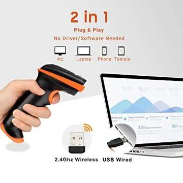 Tera 1D 2D QR Barcode Scanner Wireless and Wired with Battery Level Indicator Digital Printed Bar Code Reader Cordless Handheld Barcode Scanner Compact Plug and Play Model D5100