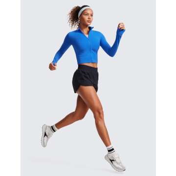 CRZ YOGA Womens Butterluxe Full Zip Cropped Workout Jacket Slim Fit Lightweight Athletic Yoga Tops with Thumb Holes Sparkle Blue Large