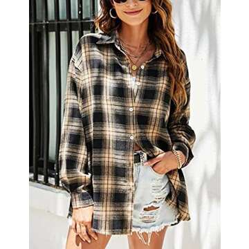 Zontroldy Womens Yellow Flannel Plaid Shirt Button Down Long Sleeve Casual Oversized Blouse Tops (0228-Khaki-XL)