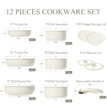 CAROTE 12pcs Nonstick Cookware Set with Detachable Handle