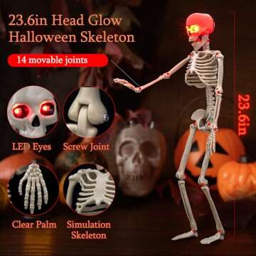 24 Inches Halloween Skeleton, LED Light Up Glowing Eyes Pose-N-Stay Halloween Skeleton Full Body Posable Movable Jonints for Halloween Decoration