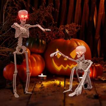 24 Inches Halloween Skeleton, LED Light Up Glowing Eyes Pose-N-Stay Halloween Skeleton Full Body Posable Movable Jonints for Halloween Decoration