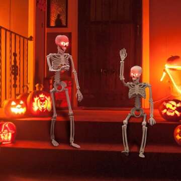 24 Inches Halloween Skeleton, LED Light Up Glowing Eyes Pose-N-Stay Halloween Skeleton Full Body Posable Movable Jonints for Halloween Decoration