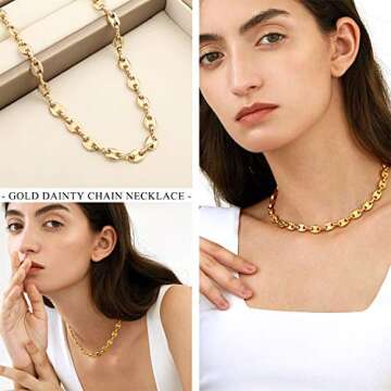 NUZON Gold Chain Choker Necklace for Women 18K Gold Plated Puffed Mariner Coffee Beans Link Necklace Dainty Minimalist Jewelry