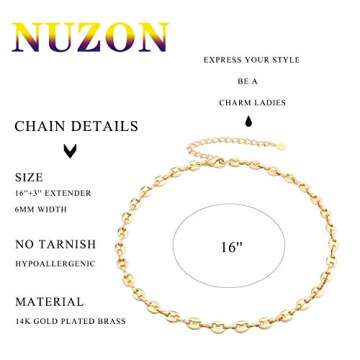NUZON Gold Chain Choker Necklace for Women 18K Gold Plated Puffed Mariner Coffee Beans Link Necklace Dainty Minimalist Jewelry