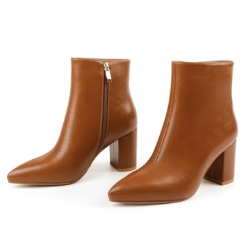 JOY IN LOVE Women's Ankle Boots Chunky Block Heel Pointed Toe Zipper Boots