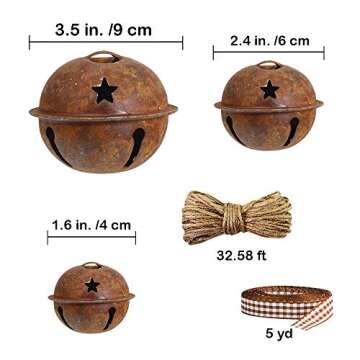 Winlyn 28 Pack Rusty Jingle Bells with Star Cutouts Christmas Sleigh Bells Rustic Metal Craft Bells Star Bells with Jute Rope Ribbon for Holiday Season Primitive Country Décor 3 Sizes 1.6" 2.4" 3.5"