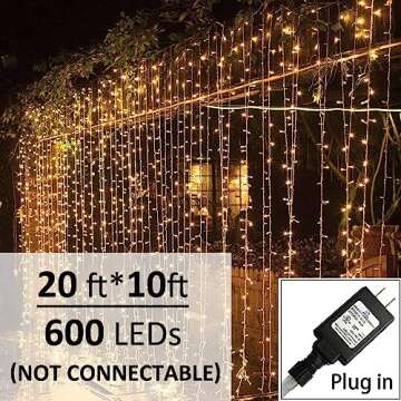 Solhice LED Curtain Lights Outdoor 20ft x10ft, 600 LED Plug in Hanging String Lights Indoor, Twinkle...