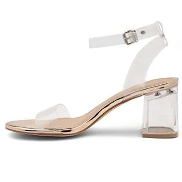 Shoe Land SL-Amaya Women's Low Heels Open Toe Dress Heeled Sandals Clear Heels Ankle Strap Block Short Heels Pumps Shoes for Prom Party Wedding and Holiday, ClearRosegold, Size 9.0