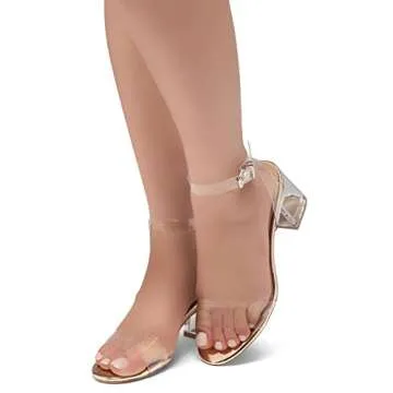 Shoe Land SL-Amaya Women's Low Heels Open Toe Dress Heeled Sandals Clear Heels Ankle Strap Block Short Heels Pumps Shoes for Prom Party Wedding and Holiday, ClearRosegold, Size 9.0