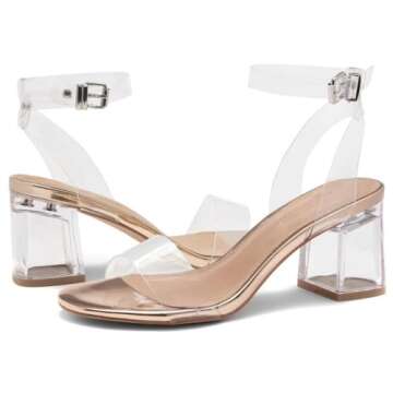 Shoe Land SL-Amaya Women's Low Heels Open Toe Dress Heeled Sandals Clear Heels Ankle Strap Block Short Heels Pumps Shoes for Prom Party Wedding and Holiday, ClearRosegold, Size 9.0