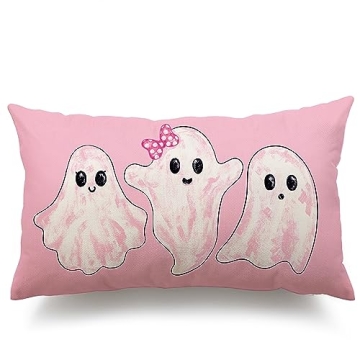 DFXSZ Halloween Pillow Covers 12x20 inch Happy Halloween Ghost Halloween Pink Lumbar Pillow Covers D...