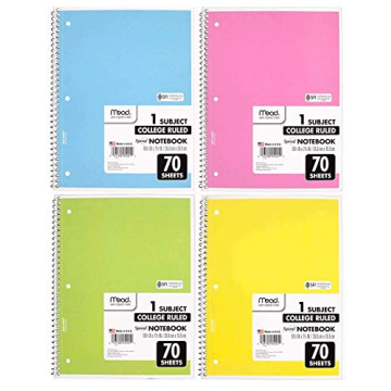 Mead Spiral Notebook 4 Pack of 1-Subject College Ruled, Pastel Color COLOR WILL VARY, Spiral Bound N...