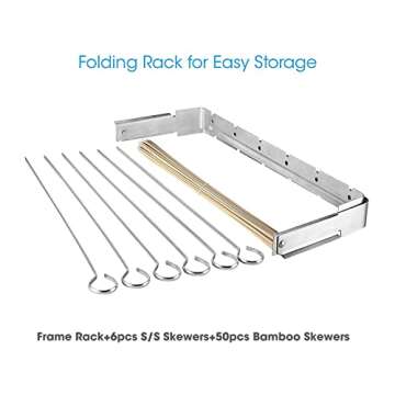 Unicook Stainless Steel BBQ Shish Kabob Set, Foldable Shish Kabob Holder with 6pcs 13"L Skewers, Reusable Grill Rack, Comes with 50pcs 12.5"L Bamboo Skewers for Party and Cookout