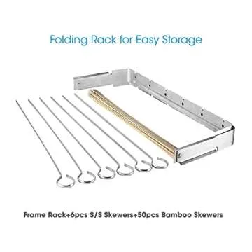 Unicook Stainless Steel BBQ Shish Kabob Set, Foldable Shish Kabob Holder with 6pcs 13"L Skewers, Reusable Grill Rack, Comes with 50pcs 12.5"L Bamboo Skewers for Party and Cookout