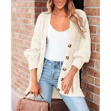 BTFBM Women's Button Down Cardigan Coat Long Sleeve Fall Winter Clothes Loose Chunky Knit Open Front Sweater Outerwear(Solid White, X-Large)