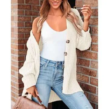 BTFBM Women's Button Down Cardigan Coat Long Sleeve Fall Winter Clothes Loose Chunky Knit Open Front Sweater Outerwear(Solid White, X-Large)