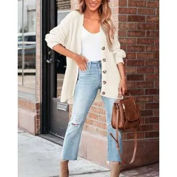 BTFBM Women's Button Down Cardigan Coat Long Sleeve Fall Winter Clothes Loose Chunky Knit Open Front Sweater Outerwear(Solid White, X-Large)