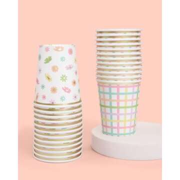 xo, Fetti Flower + Plaid Party Decorations Foil Paper Cups - 24 Disposable 8 oz Cups | Partea Kids Birthday Party Supplies, Tea Kettle Favors, Baby Shower Decorations, Easter Drinkware, Mother's Day