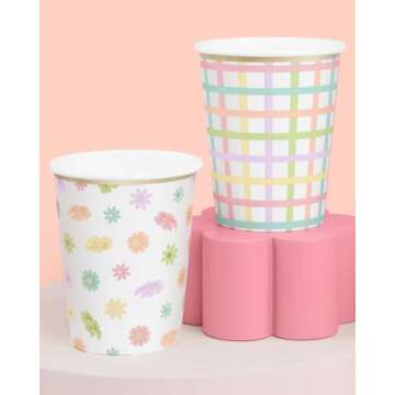 xo, Fetti Flower + Plaid Party Decorations Foil Paper Cups - 24 Disposable 8 oz Cups | Partea Kids Birthday Party Supplies, Tea Kettle Favors, Baby Shower Decorations, Easter Drinkware, Mother's Day