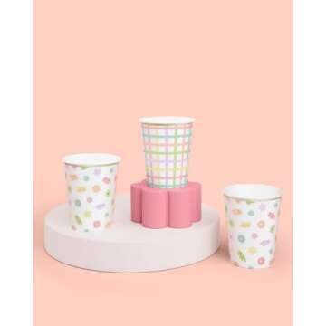 xo, Fetti Flower + Plaid Party Decorations Foil Paper Cups - 24 Disposable 8 oz Cups | Partea Kids Birthday Party Supplies, Tea Kettle Favors, Baby Shower Decorations, Easter Drinkware, Mother's Day