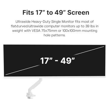 Pixio PS2S White Ultrawide Heavy-Duty Premium Single Monitor Arm Stand Desk Mount - Fits up to 49 inches Monitors, Weights up to 39lbs Flat / 31lbs Curved, Compatible with VESA 75x75 100x100mm