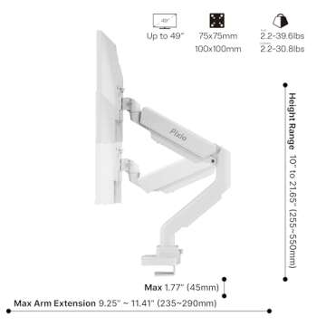 Pixio PS2S White Ultrawide Heavy-Duty Premium Single Monitor Arm Stand Desk Mount - Fits up to 49 inches Monitors, Weights up to 39lbs Flat / 31lbs Curved, Compatible with VESA 75x75 100x100mm