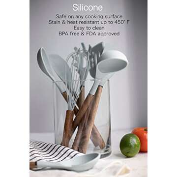 Country Kitchen Non Stick Silicone Utensil Set with Rounded Wood Handles for Cooking and Baking, 8 P...