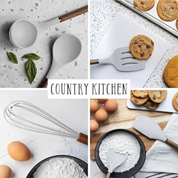 Country Kitchen Non Stick Silicone Utensil Set with Rounded Wood Handles for Cooking and Baking, 8 Piece Set, White