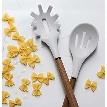 Country Kitchen Non Stick Silicone Utensil Set with Rounded Wood Handles for Cooking and Baking, 8 Piece Set, White