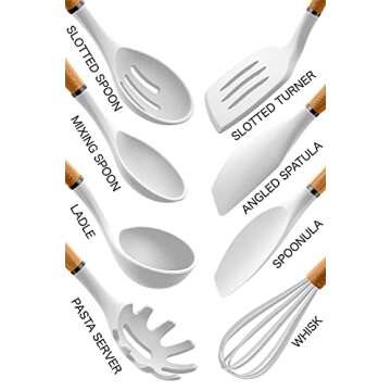 Country Kitchen Non Stick Silicone Utensil Set with Rounded Wood Handles for Cooking and Baking, 8 Piece Set, White