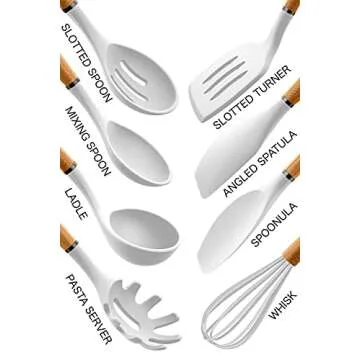 Country Kitchen Non Stick Silicone Utensil Set with Rounded Wood Handles for Cooking and Baking, 8 Piece Set, White