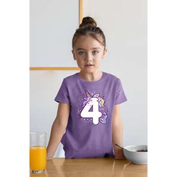 Unicorn 4th Birthday Shirts for Toddler Girls Outfit 4 Year Old Fourth Four Shirt (5 Years, Purple)