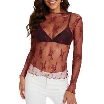 WIHOLL Womens Fashion 2024 Tops Lace Tops for Women Long Sleeve Sheer See Through Lace Going Out Shi...