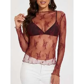 WIHOLL Womens Fashion 2024 Tops Lace Tops for Women Long Sleeve Sheer See Through Lace Going Out Shirts Burgundy S