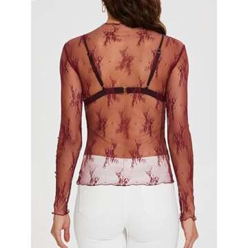 WIHOLL Womens Fashion 2024 Tops Lace Tops for Women Long Sleeve Sheer See Through Lace Going Out Shirts Burgundy S