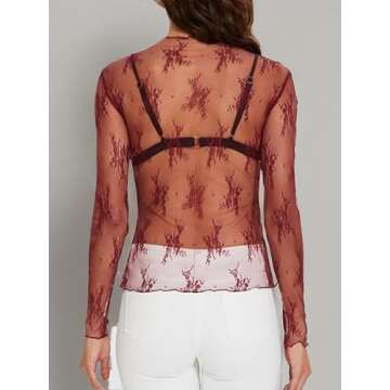 WIHOLL Womens Fashion 2024 Tops Lace Tops for Women Long Sleeve Sheer See Through Lace Going Out Shirts Burgundy S