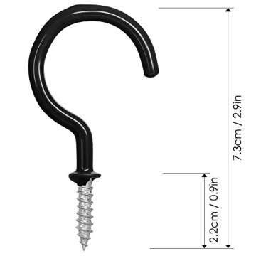 25 Pack Cup Hook Ceiling Hooks, 2.9 Inches, FineGood Vinyl Coated Screw-in Hanger for Indoor and Outdoor Use - Black