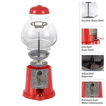 Vintage Gumball Machine - 11-Inch Retro-Style, Coin-Operated Cast Metal Vending Machine with Glass Globe and Free Spin by Great Northern Popcorn (Red)