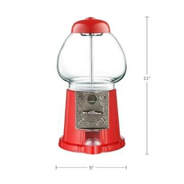 Vintage Gumball Machine - 11-Inch Retro-Style, Coin-Operated Cast Metal Vending Machine with Glass Globe and Free Spin by Great Northern Popcorn (Red)
