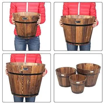 VINGLI 3 pcs Wooden Planter Barrel Set, Real Wood Indoor/Outdoor Flower Pot w/Drainage Holes, Different Sizes, Large Garden Container Box